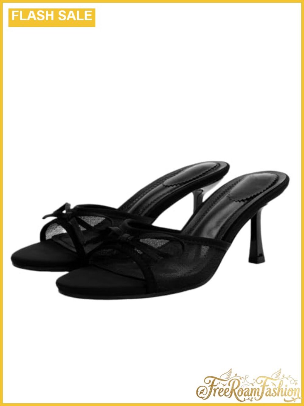 Kitten Heel Bow Mesh Slide Sandals Round Open Toe Slip On Low Heel